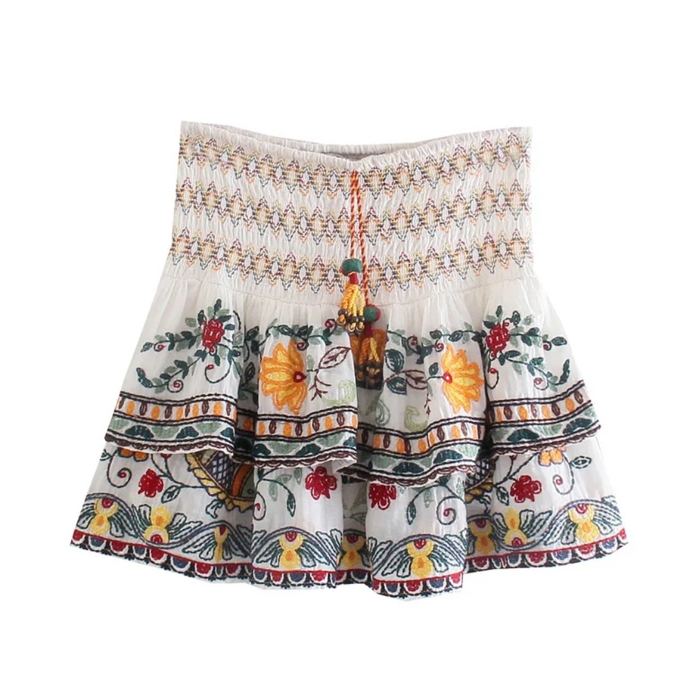 Boho Floral Embroidered Batwing Sleeve Blouse Ruffle Mini Skirt Set - Picture 10 of 14